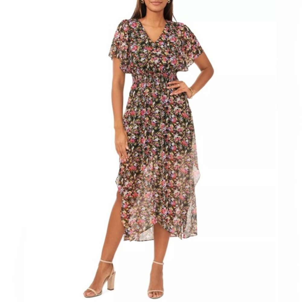 NWT Fuchsia Purple Black V-Neck Flutter Sleeve Maxi Dress Asymmetric Skirt New